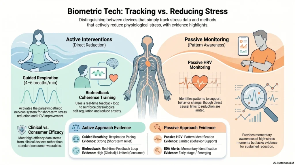 biometric-tech-stress-tracking-vs-reduction Infographic comparing biometric stress tracking devices with active stress reduction technologies including HRV monitoring, guided breathing, and biofeedback interventions.