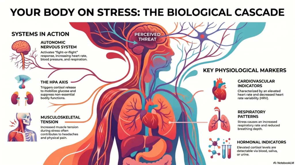 body-on-stress-biological-cascade Infographic explaining the biological effects of stress on the autonomic nervous system, HPA axis, cardiovascular system, respiration, hormones, and musculoskeletal tension.