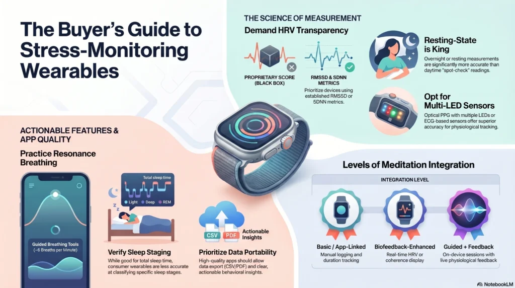 Infographic explaining how to choose stress-monitoring wearables using HRV transparency, meditation integration, sleep tracking, breathing tools, and physiological sensor accuracy.