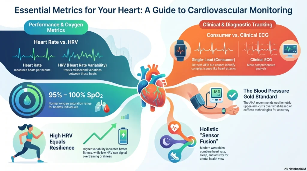 cardiovascular-health-monitoring-guide cardiovascular monitoring metrics guide showing HRV SpO2 blood pressure and ECG tracking