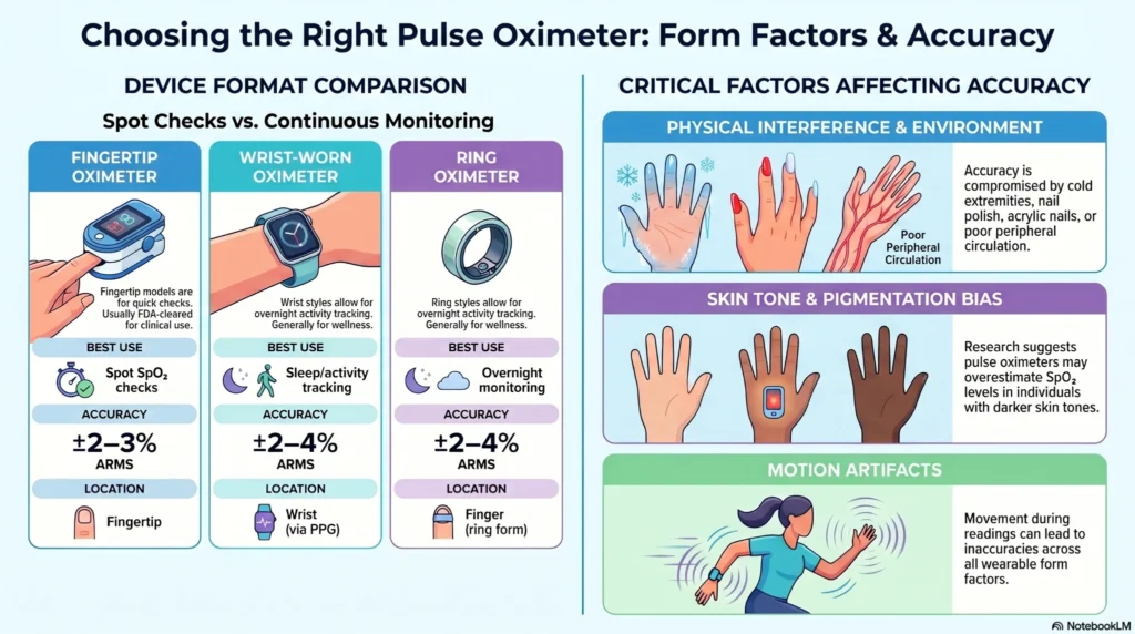 choosing-right-pulse-oximeter-accuracy-guide Infographic comparing fingertip, wrist-worn, and ring pulse oximeters with explanations of SpO2 accuracy, skin tone bias, motion artifacts, and environmental interference.