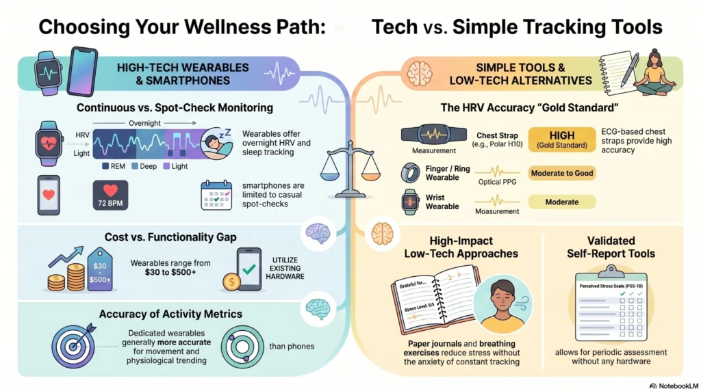 choosing-your-wellness-path-tech-vs-simple-tools Infographic comparing wearable wellness technology with low-tech stress tracking alternatives including HRV wearables, chest straps, breathing exercises, journals, and self-report tools.