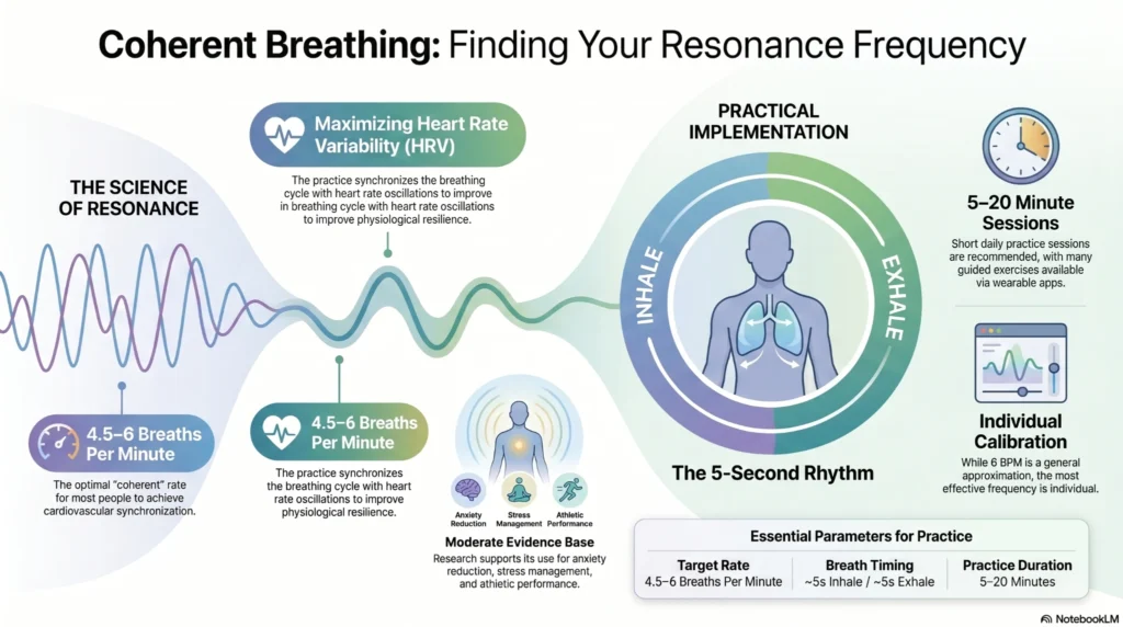 coherent-breathing-resonance-frequency-infographic infographic explaining coherent breathing resonance frequency and heart rate variability optimization techniques