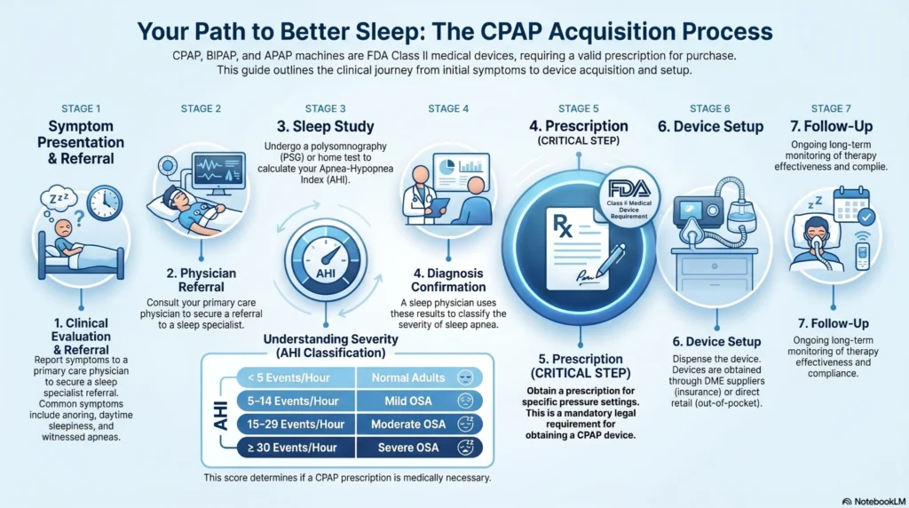Infographic showing the CPAP machine acquisition process from sleep apnea symptoms and sleep study diagnosis to prescription approval, CPAP setup, and follow-up therapy monitoring.