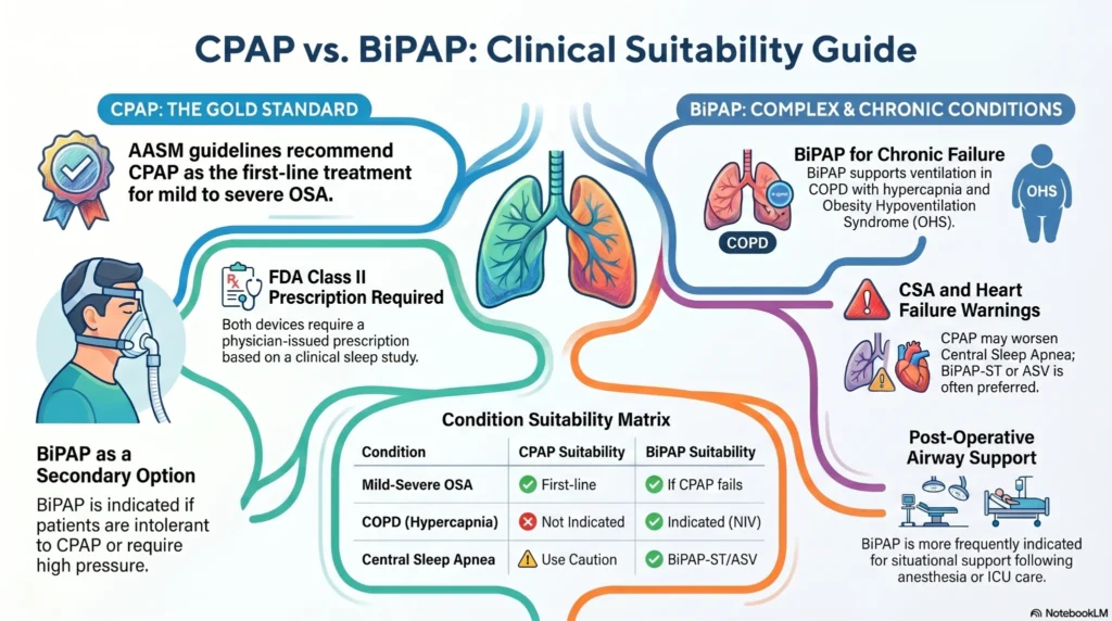 cpap-vs-bipap-clinical-suitability-guide Medical infographic comparing CPAP and BiPAP machines for sleep apnea treatment, COPD respiratory support, central sleep apnea management, and post-operative airway therapy.