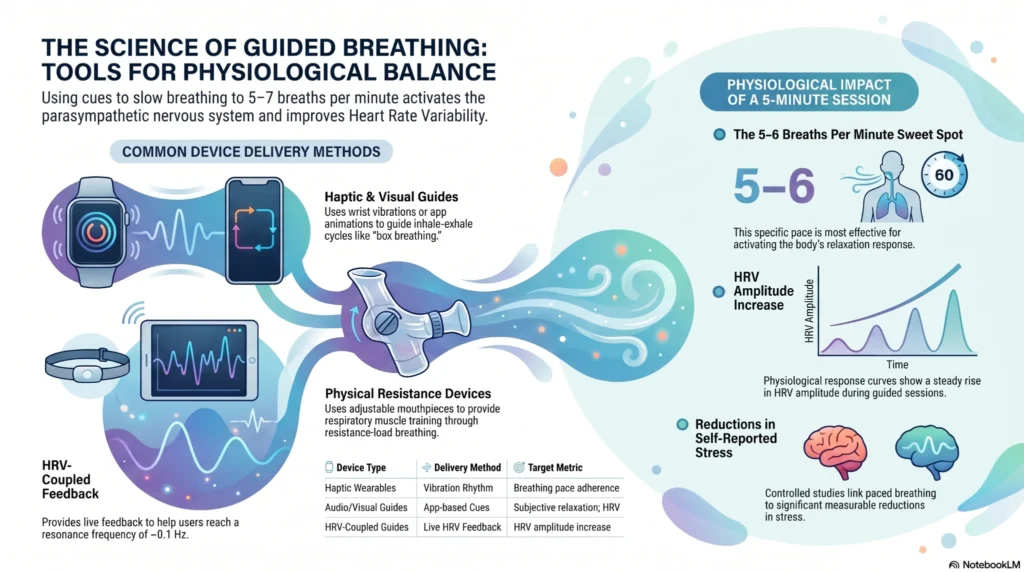 guided-breathing-hrv-infographic infographic explaining guided breathing techniques and HRV improvement with wearable devices and tools