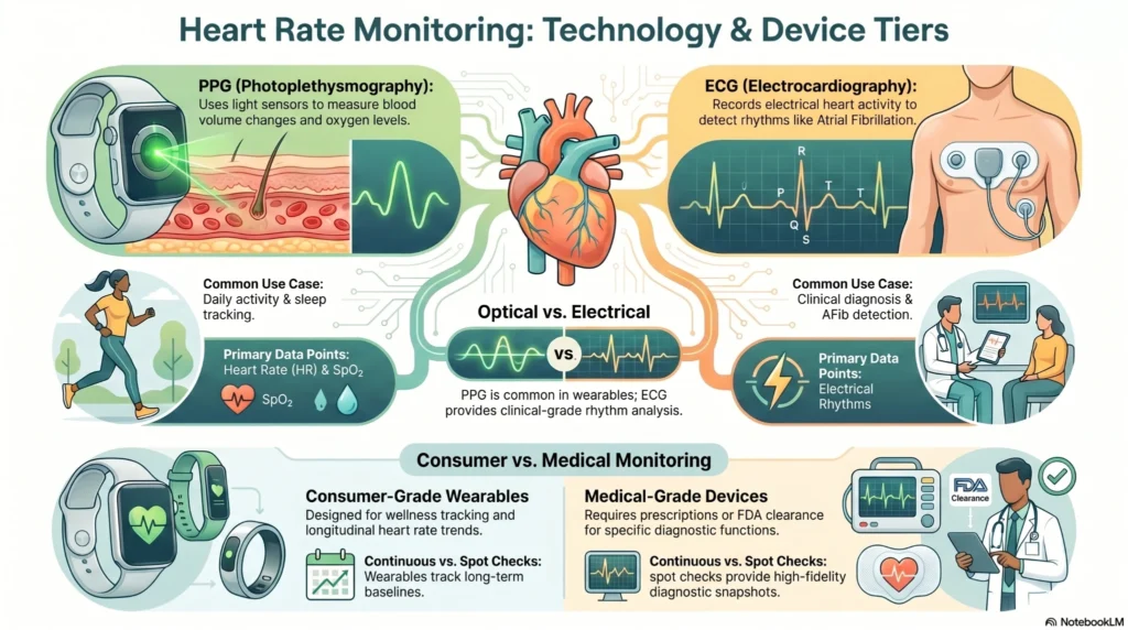 heart-rate-monitoring-technology-device-tiers infographic comparing PPG and ECG heart monitoring device technologies for home use