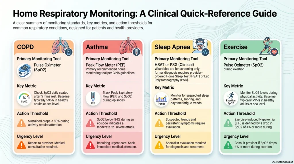 Infographic explaining home respiratory monitoring standards for COPD, asthma, sleep apnea, and exercise using pulse oximeters, peak flow meters, and sleep studies.
