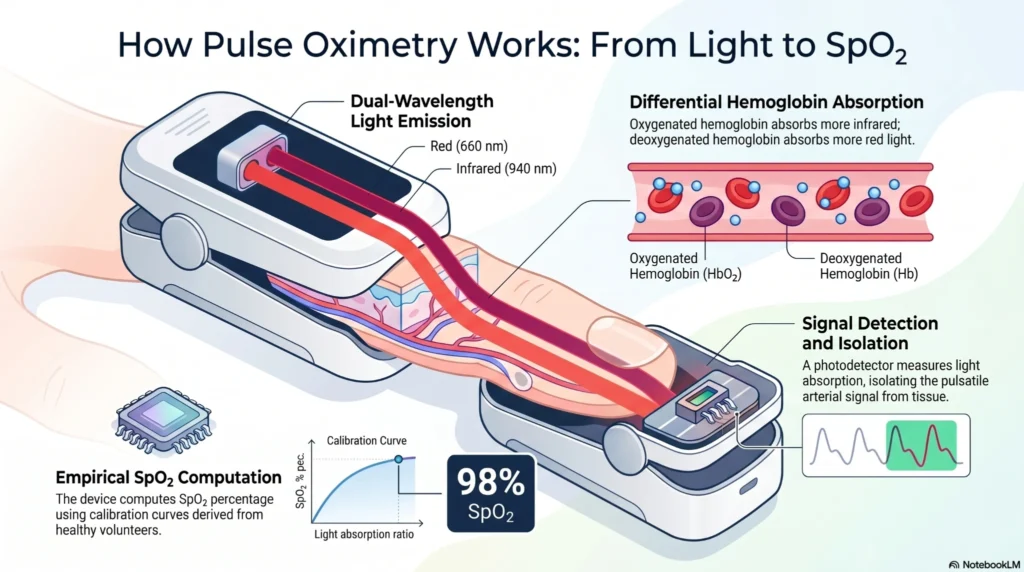 Infographic showing how pulse oximetry works using red and infrared light absorption to measure blood oxygen saturation and calculate SpO2 levels.
