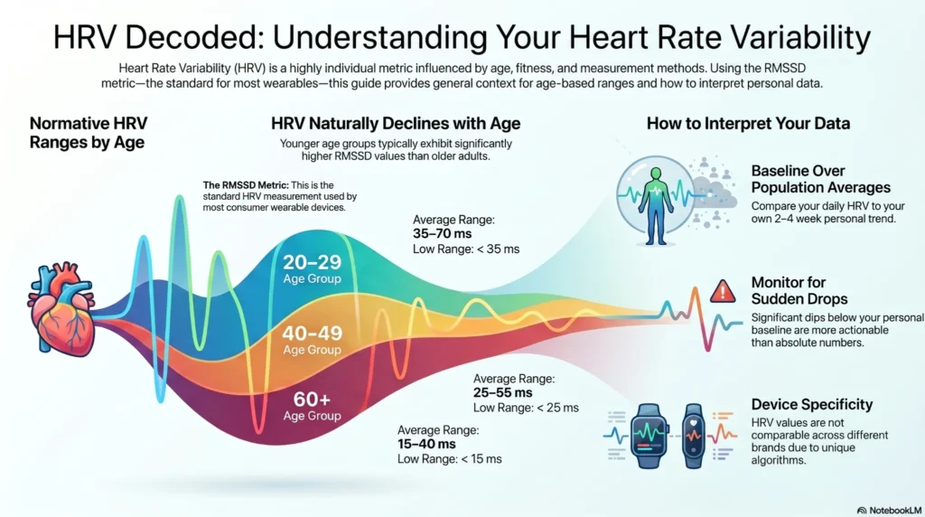 hrv-decoded-age-ranges-infographic infographic explaining heart rate variability ranges by age with guidance on interpreting HRV data from wearables