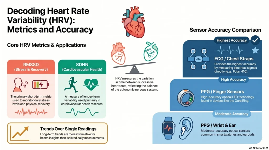 hrv-metrics-accuracy-infographic infographic explaining HRV metrics RMSSD and SDNN with comparison of ECG and PPG sensor accuracy