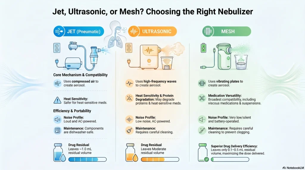 jet-ultrasonic-mesh-nebulizer-comparison-guide Infographic comparing jet pneumatic nebulizers, ultrasonic nebulizers, and mesh nebulizers for respiratory treatment, aerosol medication delivery, maintenance, and portability.