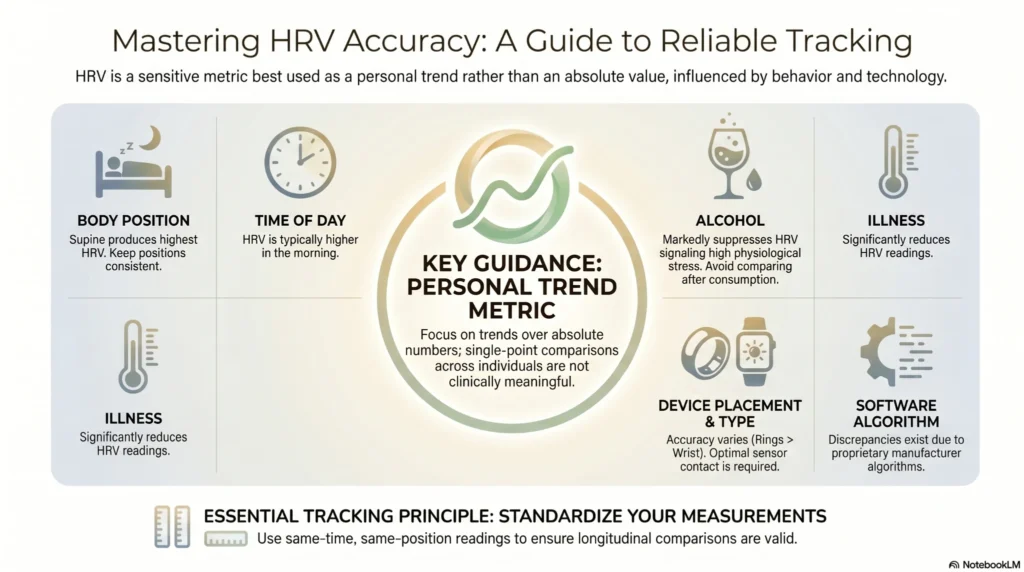 mastering-hrv-accuracy-guide Infographic explaining factors that affect HRV accuracy including sleep position, alcohol, illness, device placement, time of day, and wearable software algorithms.