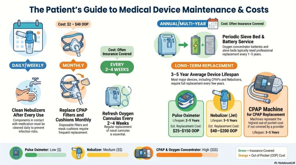 Infographic explaining maintenance schedules, cleaning routines, replacement intervals, and ownership costs for CPAP machines, nebulizers, oxygen concentrators, and pulse oximeters.