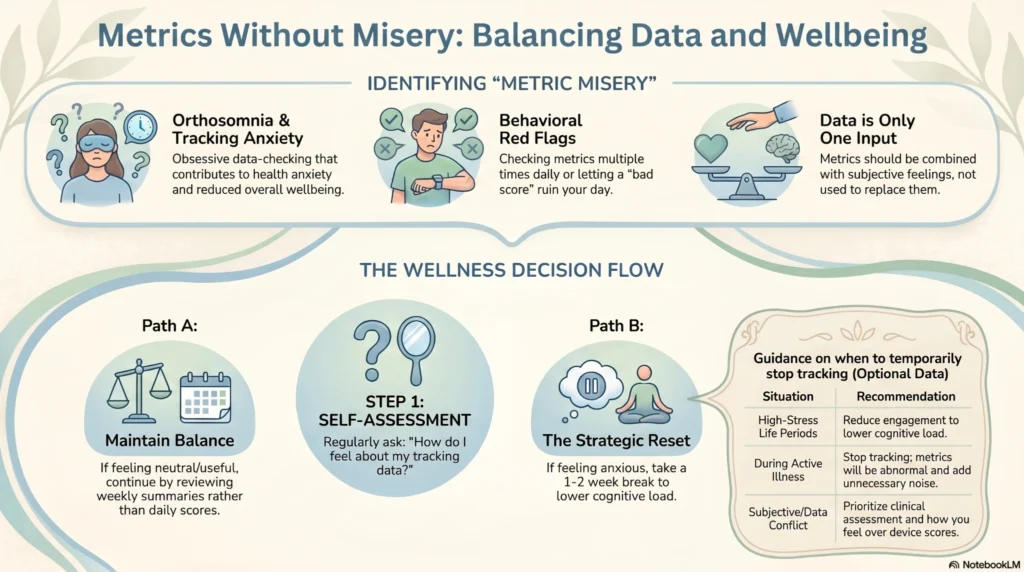 metrics-without-misery-wellbeing-infographic infographic about tracking anxiety orthosomnia and balancing wearable wellness metrics with mental wellbeing
