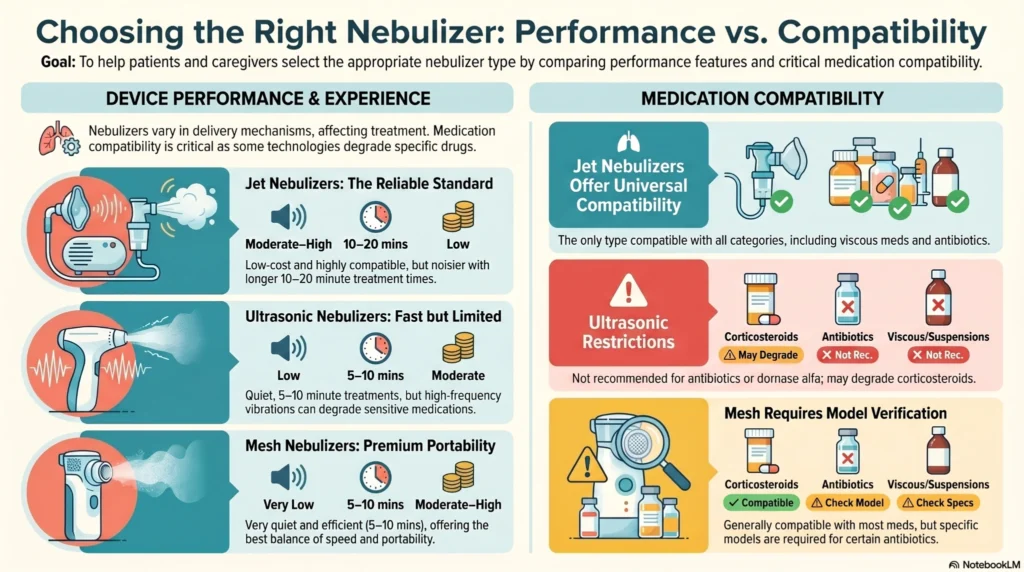 Infographic comparing jet nebulizers, ultrasonic nebulizers, and mesh nebulizers for respiratory therapy performance, medication compatibility, treatment duration, and portability.