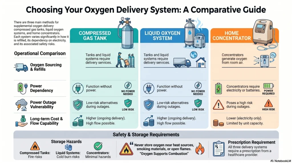 oxygen-delivery-system-comparison-guide Infographic comparing compressed gas tanks, liquid oxygen systems, and home oxygen concentrators for supplemental oxygen therapy, including safety, power dependency, and operational differences.