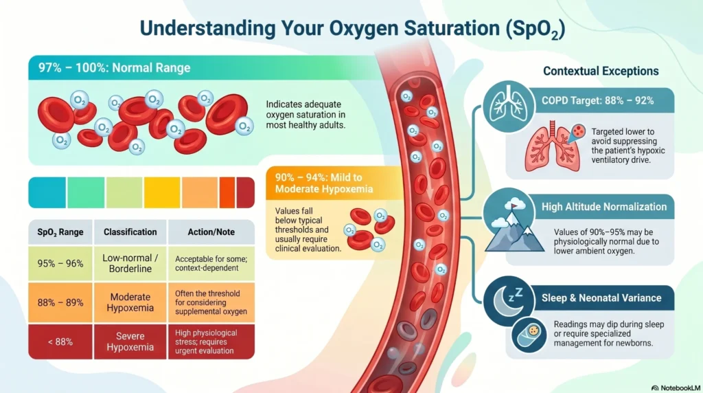 oxygen-saturation-spo2-guide-infographic Medical infographic explaining oxygen saturation SpO₂ ranges, hypoxemia severity levels, COPD oxygen targets, high altitude normalization, and sleep-related oxygen variation with illustrated red blood cells and oxygen flow.