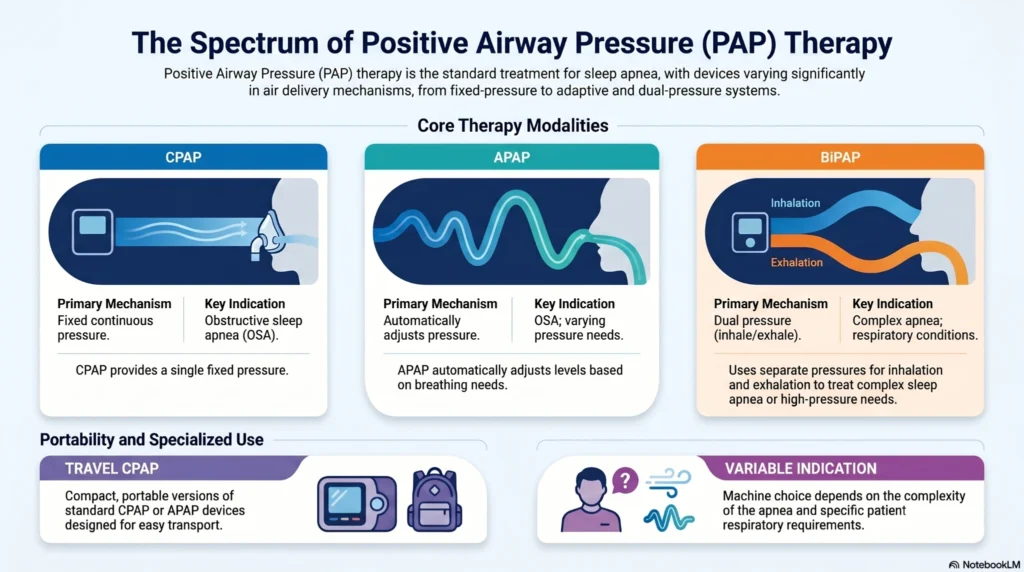pap-therapy-spectrum-guide Infographic comparing CPAP, APAP, and BiPAP therapy devices for sleep apnea treatment, including pressure delivery methods, portability, and respiratory indications.