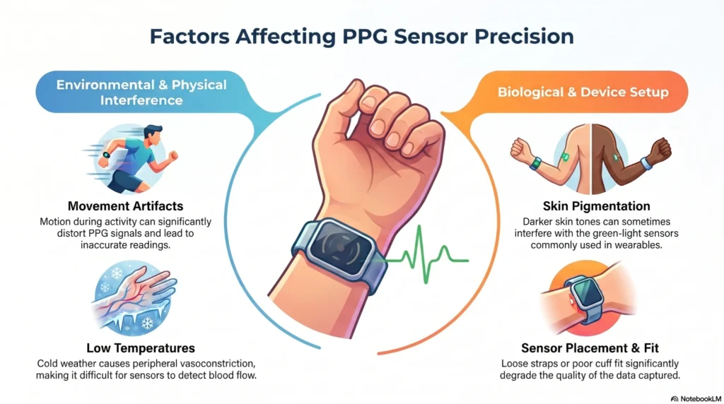 ppg-sensor-precision-factors-guide factors affecting PPG sensor accuracy in wearable heart monitoring devices including skin tone and movement