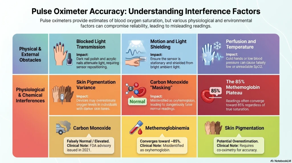 pulse-oximeter-accuracy-interference-factors Medical infographic explaining pulse oximeter accuracy interference factors including nail polish, motion artifacts, skin pigmentation, carbon monoxide exposure, methemoglobinemia, cold hands, and low perfusion effects on SpO2 readings.