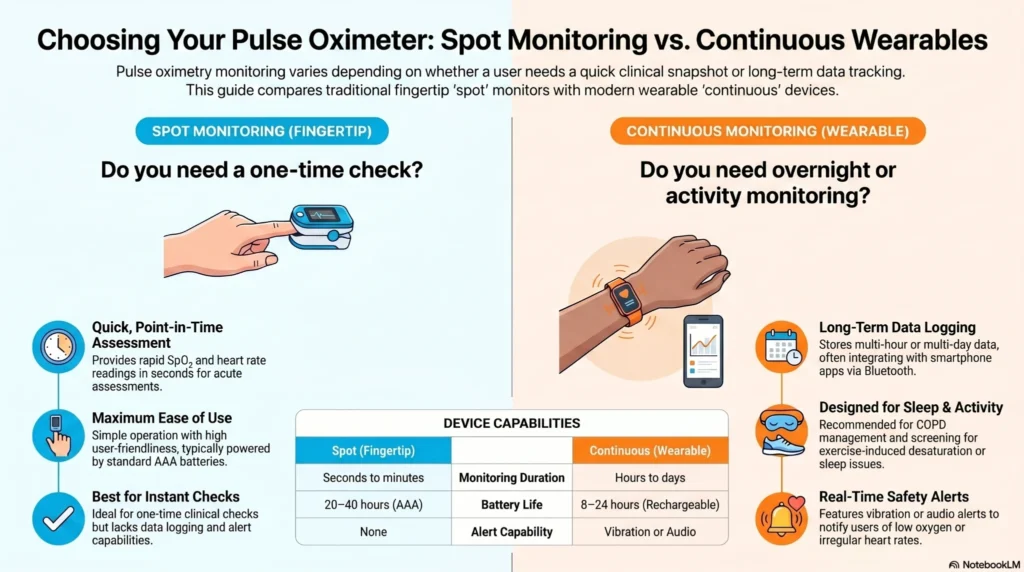 pulse-oximeter-monitoring-comparison-guide Infographic comparing spot fingertip pulse oximeters with continuous wearable oxygen monitoring devices for SpO2 tracking, sleep monitoring, heart rate alerts, and long-term oxygen data logging.