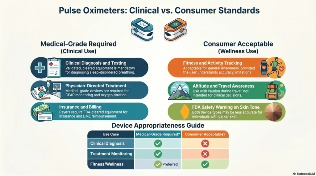 pulse-oximeters-clinical-vs-consumer-standards Infographic comparing medical-grade pulse oximeters and consumer wellness pulse oximeters for clinical diagnosis, CPAP treatment monitoring, fitness tracking, and oxygen saturation awareness.