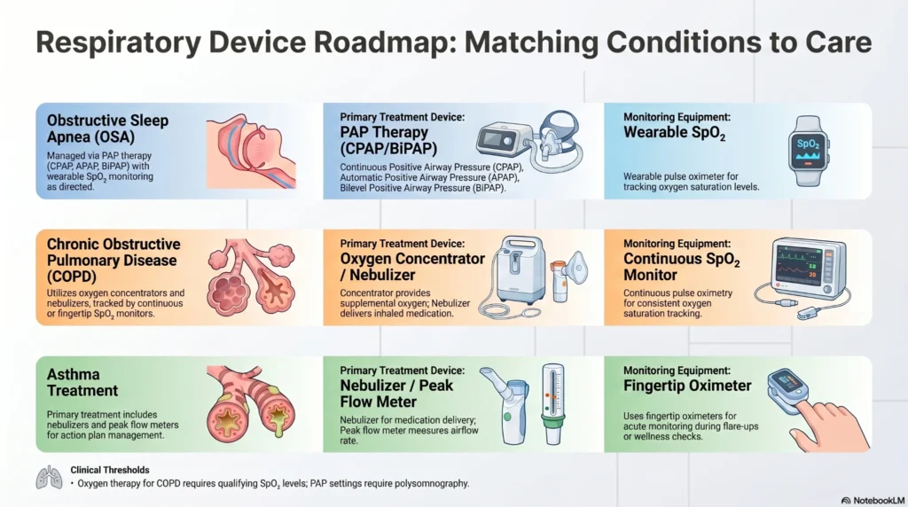 respiratory-device-roadmap-care-guide Infographic comparing respiratory treatment devices for obstructive sleep apnea, COPD, and asthma including CPAP, BiPAP, oxygen concentrators, nebulizers, and pulse oximeters.