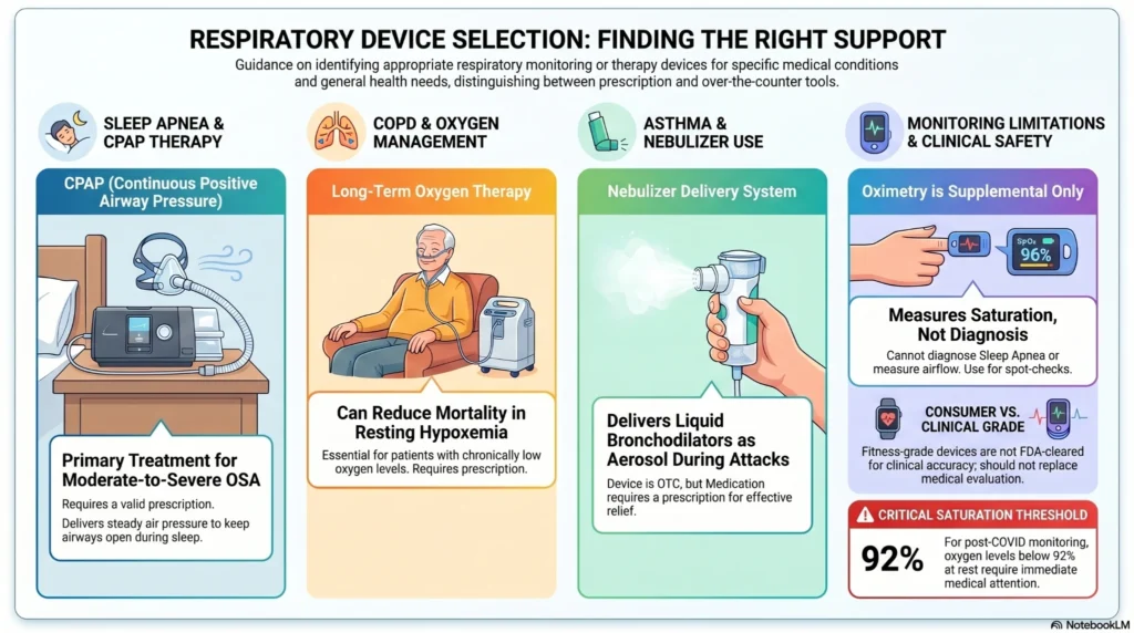 Healthcare infographic showing respiratory device selection for CPAP therapy, oxygen concentrators, nebulizers, and pulse oximeters used in sleep apnea, COPD, asthma, and oxygen monitoring.