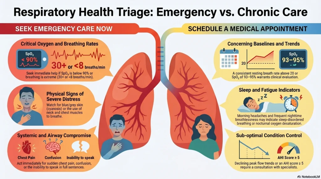 respiratory-health-triage-emergency-vs-chronic-care Respiratory health infographic comparing emergency breathing symptoms with chronic respiratory care warning signs, including low oxygen saturation, breathing distress, asthma indicators, sleep apnea symptoms, and AHI score guidance.