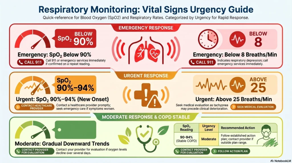 Infographic showing respiratory monitoring urgency levels for SpO2 oxygen saturation, respiratory rate thresholds, COPD oxygen monitoring, and emergency breathing warnings.