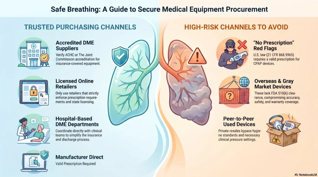 Infographic showing trusted and high-risk purchasing channels for CPAP machines, respiratory devices, oxygen equipment, and medical breathing support systems.