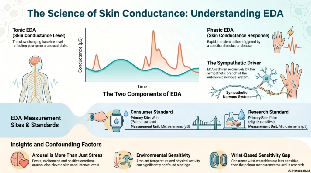 skin-conductance-eda-infographic infographic explaining electrodermal activity EDA skin conductance tonic and phasic responses with wearable measurement standards