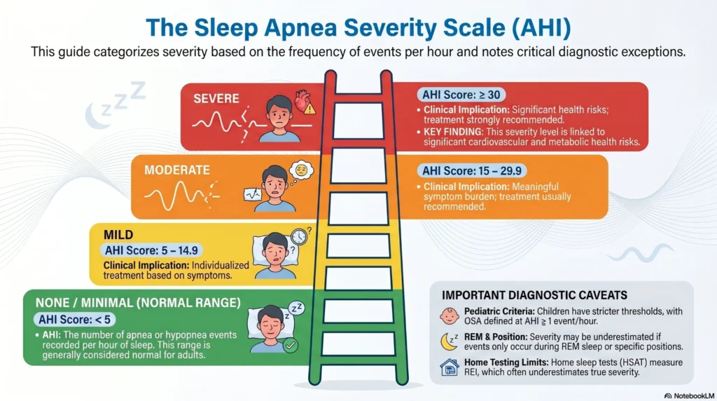 sleep-apnea-severity-scale-ahi Infographic explaining the Sleep Apnea Severity Scale using AHI scores, including normal, mild, moderate, and severe obstructive sleep apnea ranges with clinical implications.