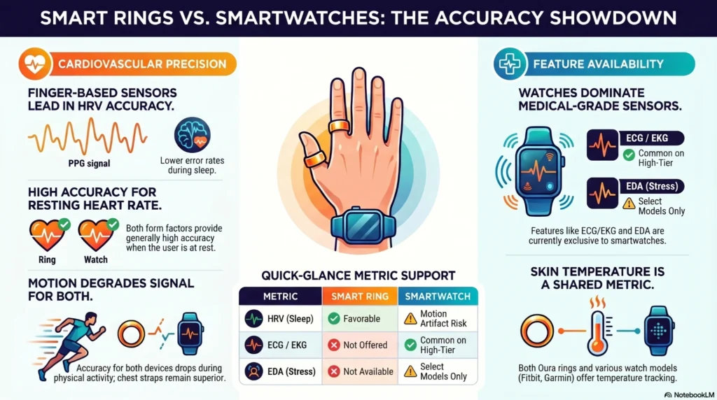 smart-rings-vs-smartwatches-accuracy-showdown Infographic comparing smart rings and smartwatches for HRV accuracy, ECG features, stress tracking, skin temperature monitoring, and wearable health sensor precision.