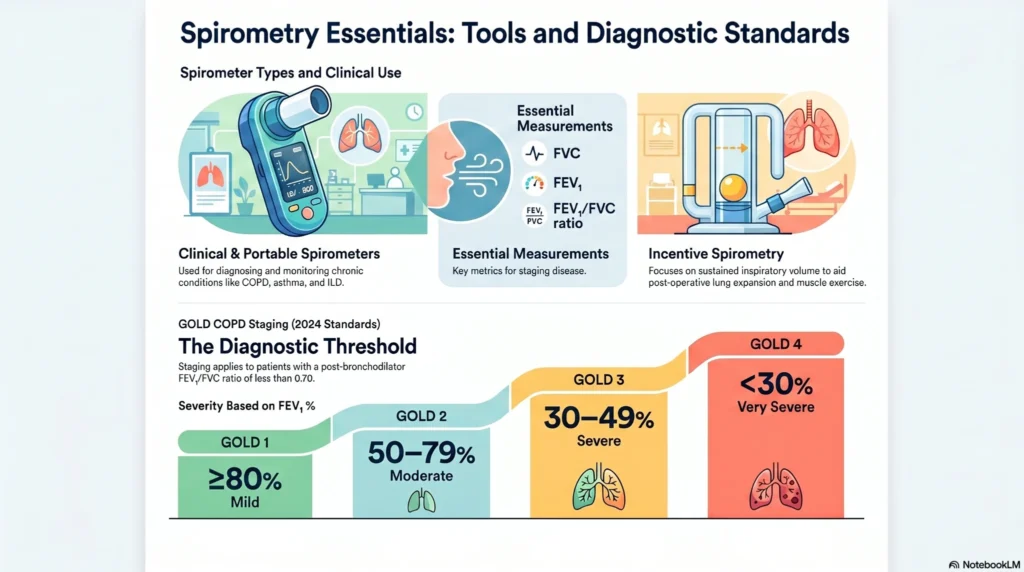 spirometry-essentials-diagnostic-standards-guide Infographic explaining spirometry tools, FEV1 and FVC measurements, incentive spirometry, and GOLD COPD staging standards for respiratory disease diagnosis.