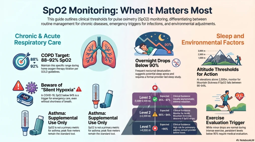 Infographic explaining SpO2 monitoring thresholds for COPD oxygen therapy, sleep apnea, altitude sickness, asthma, exercise evaluation, and emergency oxygen saturation levels.