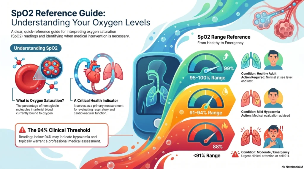 Infographic explaining SpO2 oxygen saturation ranges, healthy blood oxygen levels, hypoxemia thresholds, pulse oximeter readings, and emergency oxygen warning signs.