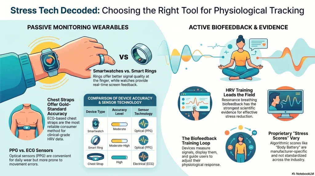 stress-tech-wearables-biofeedback-infographic infographic comparing stress tracking wearables like smartwatches and rings with biofeedback training methods