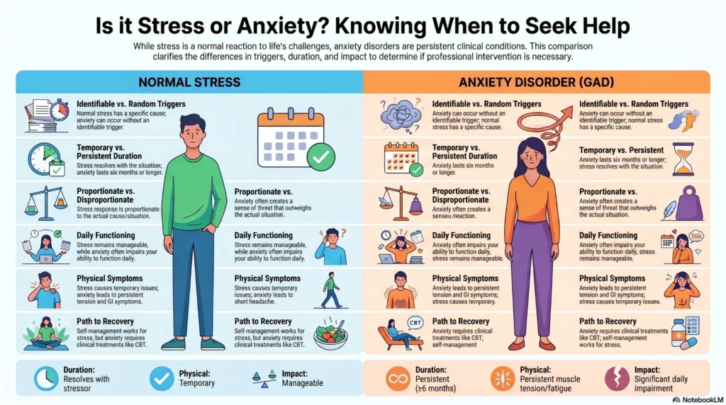 stress-vs-anxiety-seek-help-guide Infographic comparing normal stress and generalized anxiety disorder including triggers, duration, daily functioning, physical symptoms, recovery paths, and clinical warning signs.