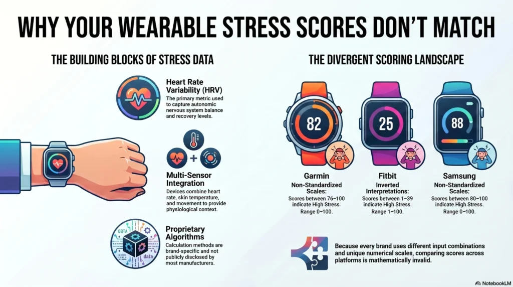 wearable-stress-scores-comparison-infographic infographic explaining why stress scores differ across wearable devices using HRV and proprietary algorithms