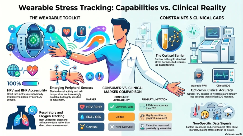 wearable-stress-tracking-clinical-reality Infographic comparing wearable stress tracking technology with clinical stress monitoring limitations including HRV, ECG, cortisol testing, EDA sensors, and physiological accuracy gaps.