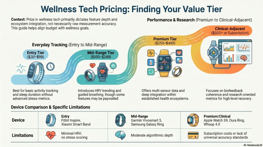 wellness-tech-pricing-value-tier-guide Infographic explaining wellness tech pricing tiers for fitness trackers, smartwatches, smart rings, HRV devices, and recovery wearables from entry-level to clinical-grade systems.