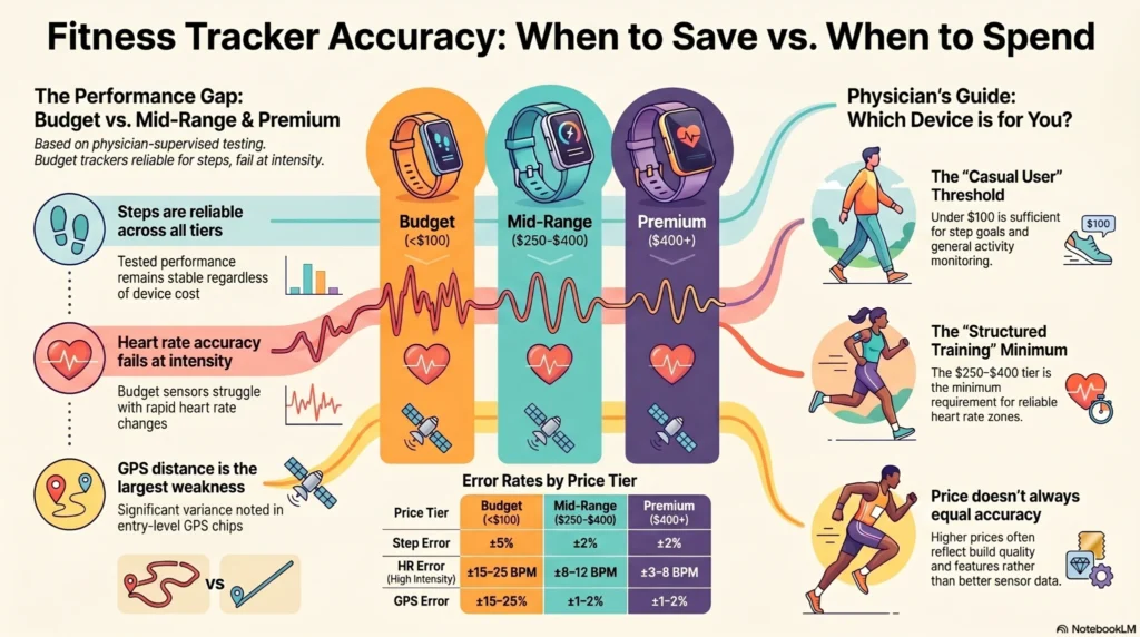 Fitness_Tracker_Accuracy_Comparison Scale gauge chart illustrating the 20% to 40% calorie burn error margin in fitness trackers with an absolute checklist of metabolic factors missing from wearable algorithms.