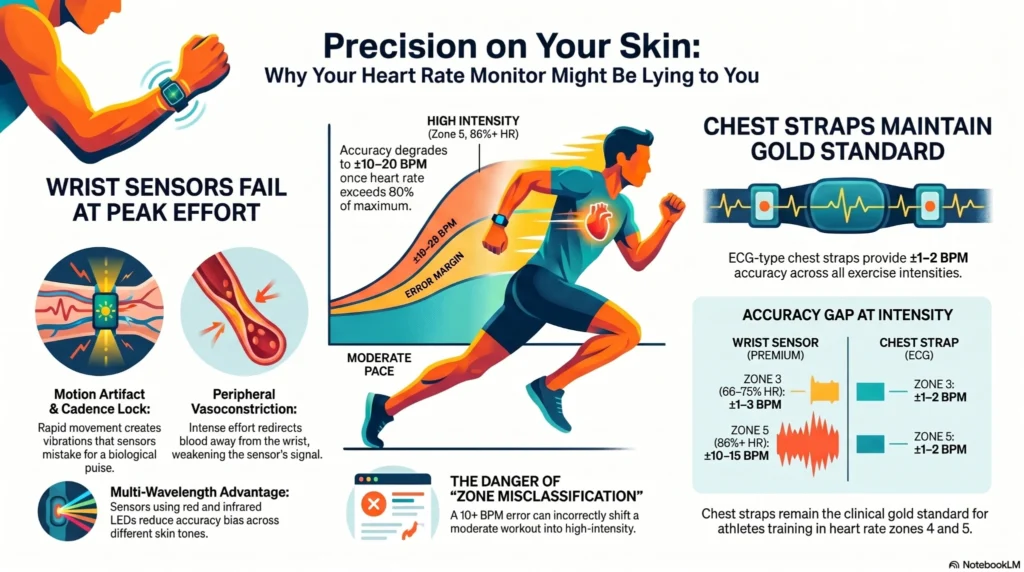 Heart_Rate_Monitor_Accuracy_Guide 2026 fitness tracker heart rate accuracy comparison chart showing MAPE deviation percentages for Apple Watch, Garmin, Whoop, and Fitbit across HIIT, running, and weightlifting.