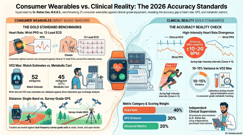 Wearables_versus_Clinical_Accuracy_Standards Diagram comparing wrist-based photoplethysmography PPG sensors on consumer fitness trackers against clinical 12-lead ECG and PSG medical gold standards for accuracy validation testing.